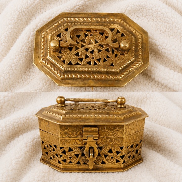 Other - Vintage Brass Filigree Jewelry Trinket Box Hinged Lidded Floral Keepsake Chest